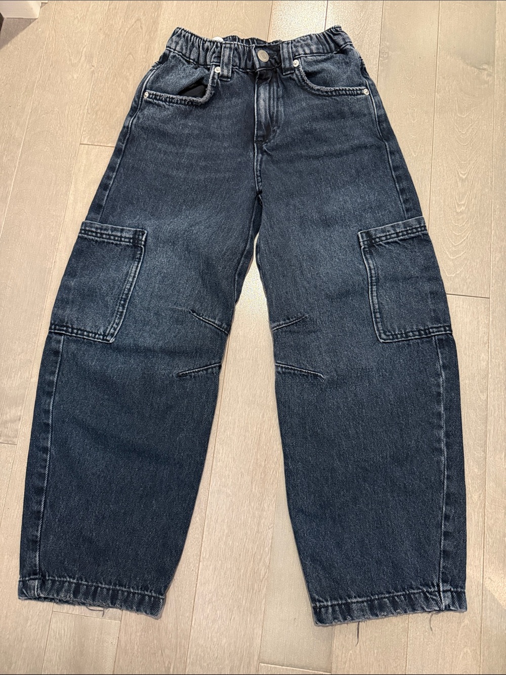 Zara Black Cargo Denim barrel Jeans with Elastic Waist